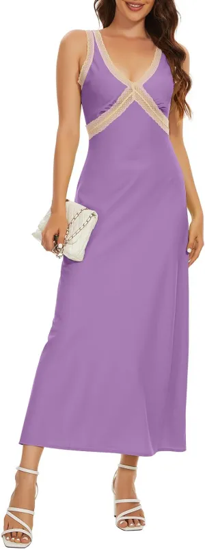 OWNGIGI Womens Sleeveless V-Neck Boho Maxi Sundress Lace High Waist Beach A Line Long Dresses