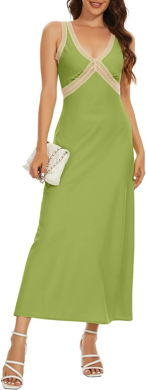 OWNGIGI Womens Sleeveless V-Neck Boho Maxi Sundress Lace High Waist Beach A Line Long Dresses