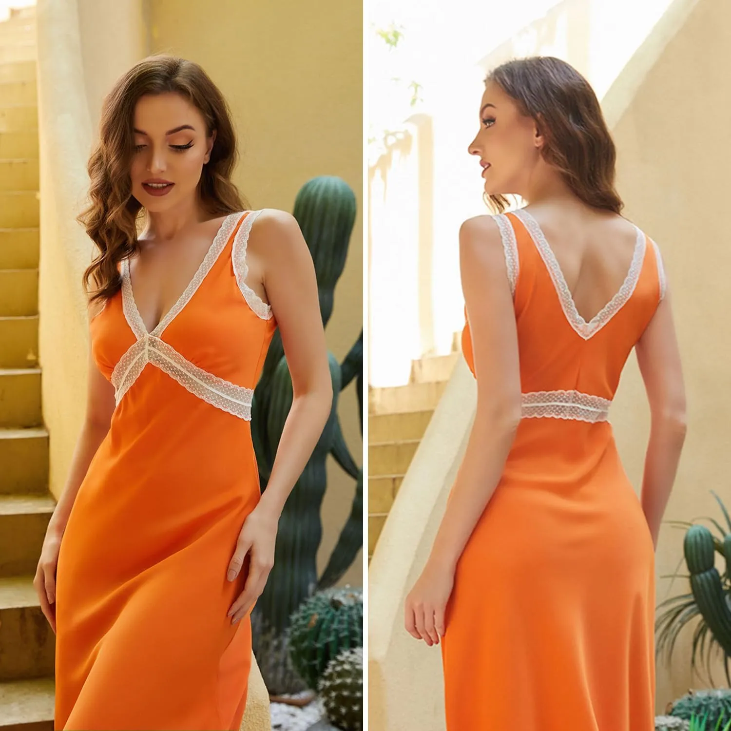 OWNGIGI Womens Sleeveless V-Neck Boho Maxi Sundress Lace High Waist Beach A Line Long Dresses