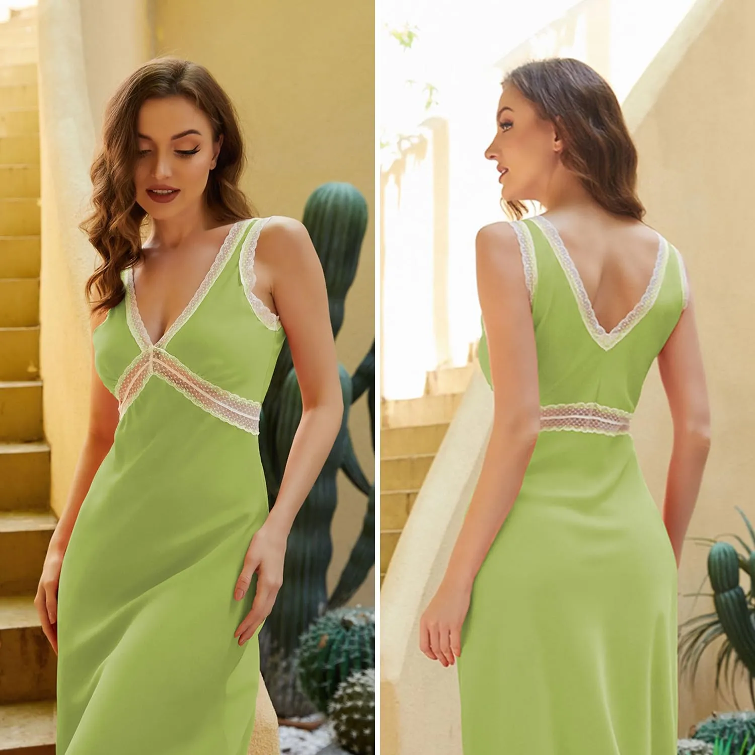 OWNGIGI Womens Sleeveless V-Neck Boho Maxi Sundress Lace High Waist Beach A Line Long Dresses
