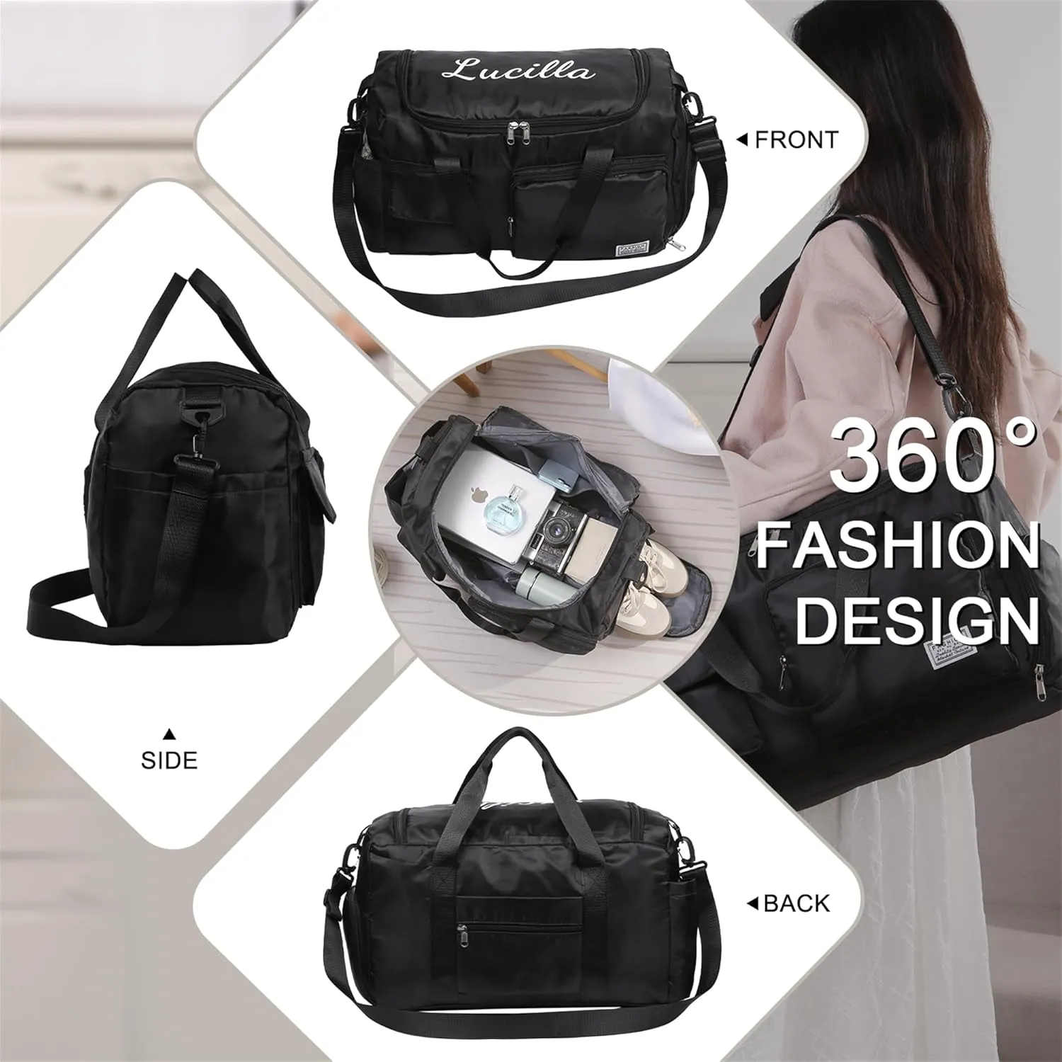 Personalized Duffel Bag Custom Sport Gym Travel Bags Embroidered Name Text Customized Dry Wet Separated Weekend Waterproof Bag for Women Men (B-Black)