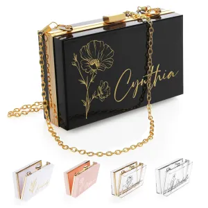 Personalized Gifts for Women, Personalized Purse with Birth Flower and Name Acrylic Black Clutch Bag, Birthday Gifts for Women Handbag with Removable Chain