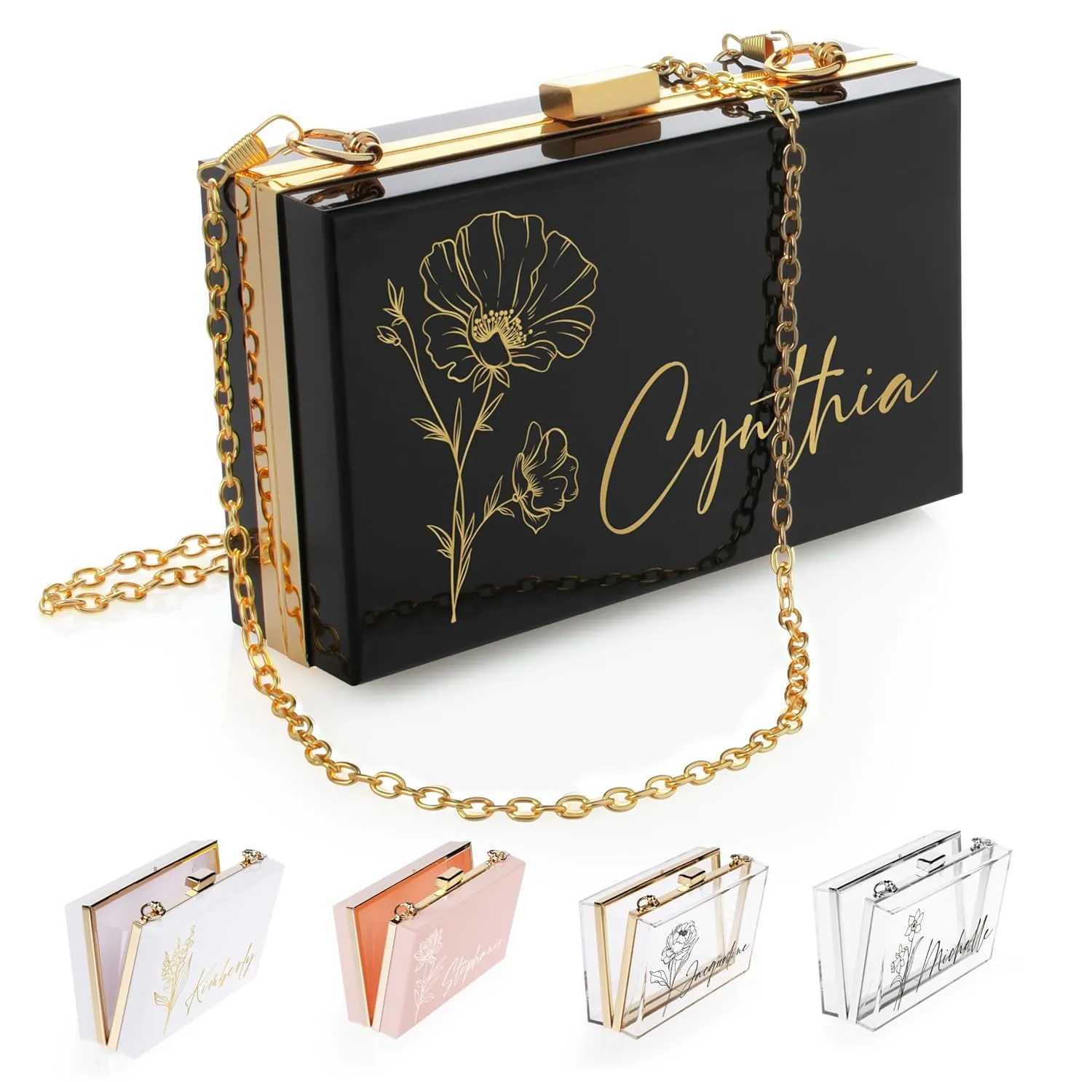 Personalized Gifts for Women, Personalized Purse with Birth Flower and Name Acrylic Black Clutch Bag, Birthday Gifts for Women Handbag with Removable Chain
