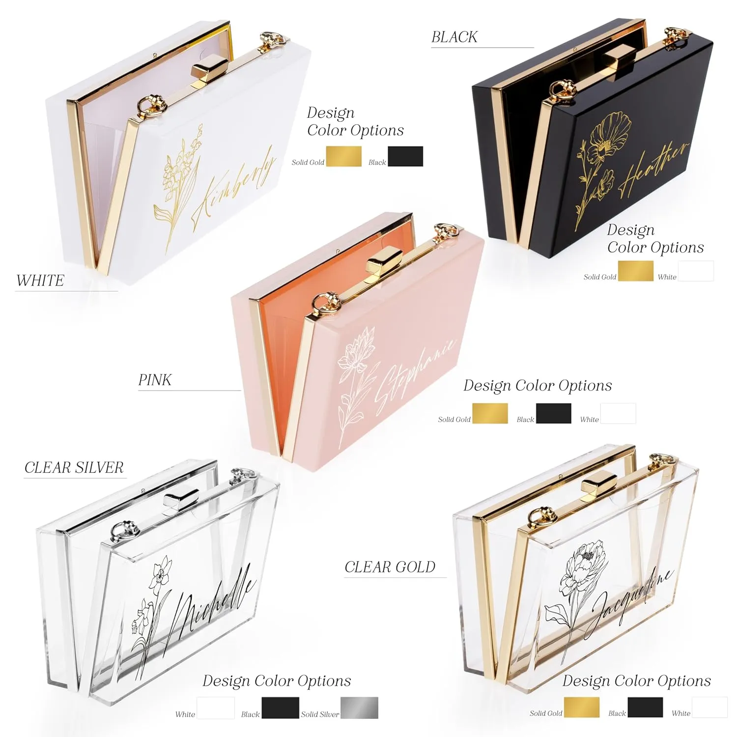 Personalized Gifts for Women, Personalized Purse with Birth Flower and Name Acrylic Black Clutch Bag, Birthday Gifts for Women Handbag with Removable Chain