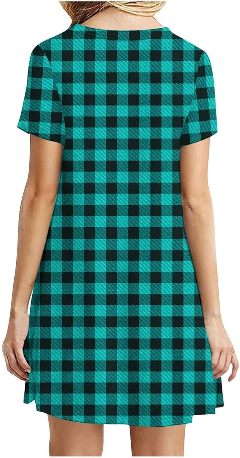 Plaid Print Mini Dresses for Women Summer Casual Short Sleeve T Shirt Dress Cute Crew Neck Flowy Dresses 2025