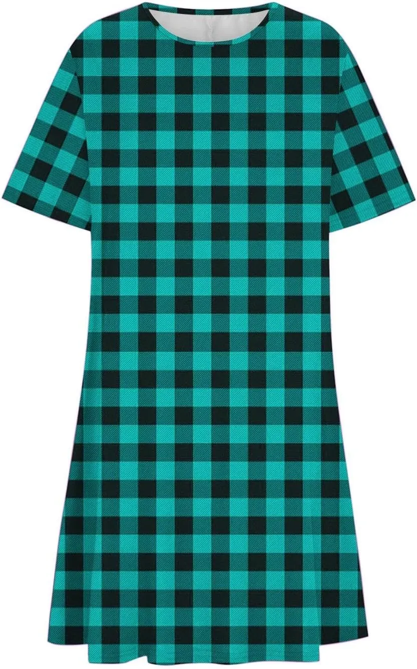 Plaid Print Mini Dresses for Women Summer Casual Short Sleeve T Shirt Dress Cute Crew Neck Flowy Dresses 2025