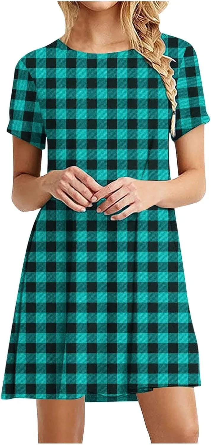 Plaid Print Mini Dresses for Women Summer Casual Short Sleeve T Shirt Dress Cute Crew Neck Flowy Dresses 2025