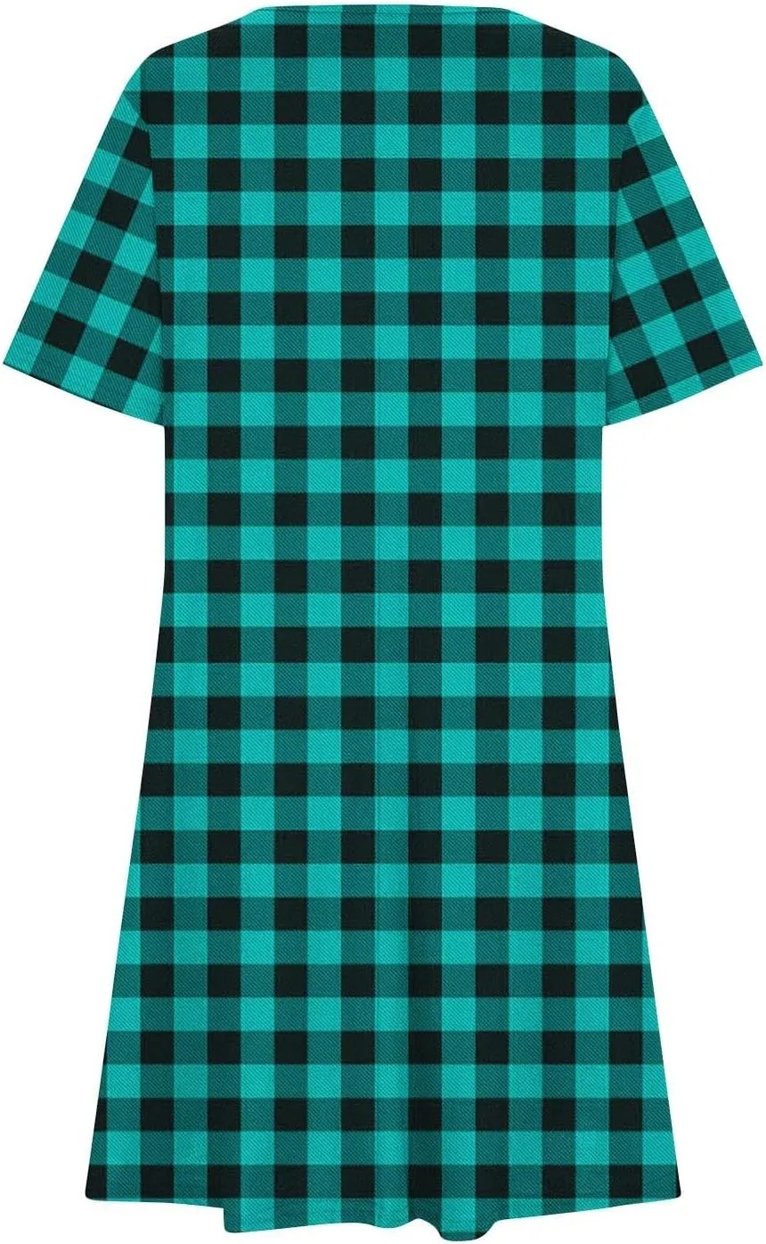 Plaid Print Mini Dresses for Women Summer Casual Short Sleeve T Shirt Dress Cute Crew Neck Flowy Dresses 2025