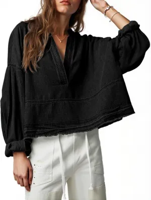 PLNOTME Womens Denim Tops Pullover Trendy Casual V Neck Loose Fit Puff Sleeve Jean Cotton Shirts