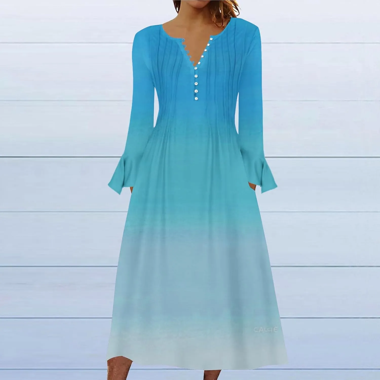 Plus Size Dress for Women 2024 Fashion Long Sleeve Gradient Color Causal Dresses Plus Size Buttons V Neck Fall Dress