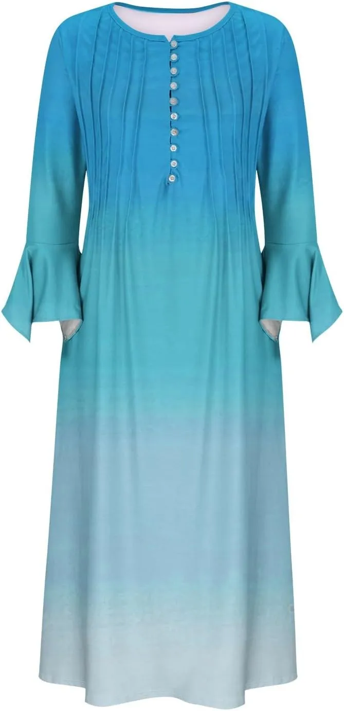 Plus Size Dress for Women 2024 Fashion Long Sleeve Gradient Color Causal Dresses Plus Size Buttons V Neck Fall Dress