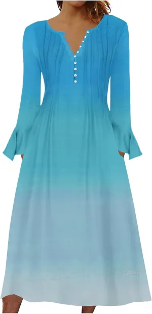 Plus Size Dress for Women 2024 Fashion Long Sleeve Gradient Color Causal Dresses Plus Size Buttons V Neck Fall Dress