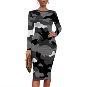 Plus Size Fall Midi Bodycon Dress for Curvy Women Round Neck Long Sleeve Knee Length Casual Dress Party Club Work Dress