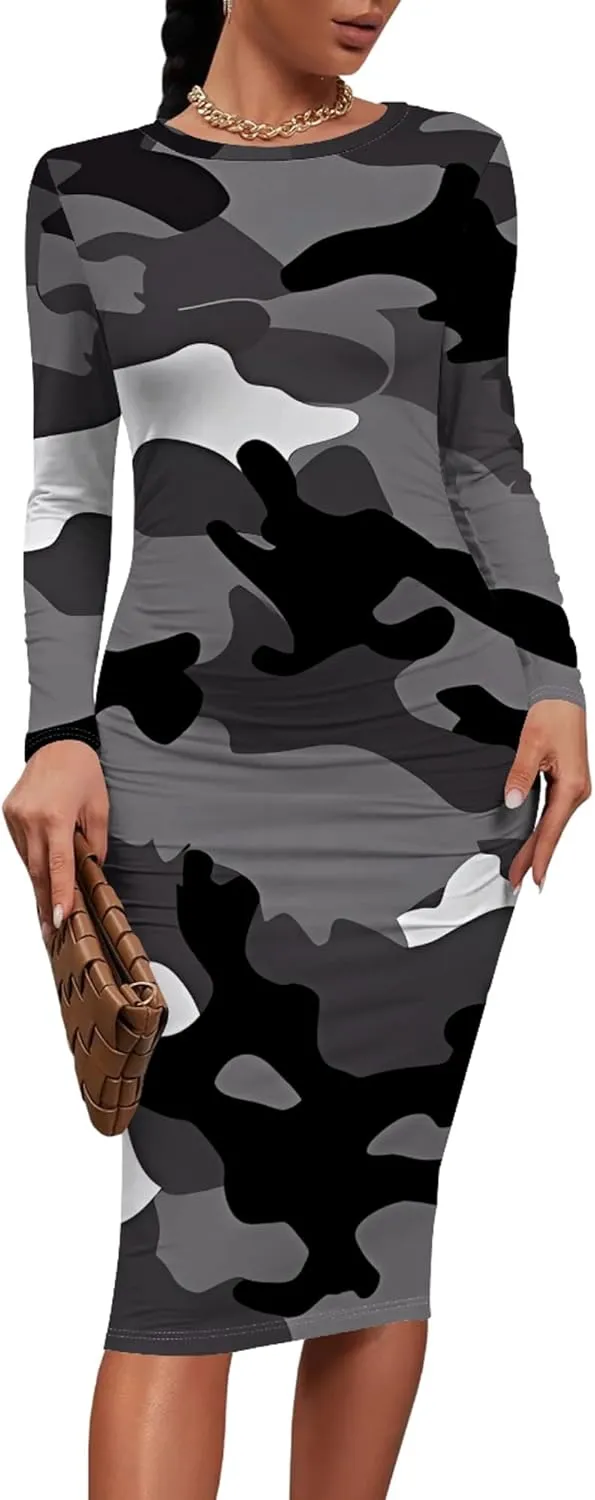Plus Size Fall Midi Bodycon Dress for Curvy Women Round Neck Long Sleeve Knee Length Casual Dress Party Club Work Dress