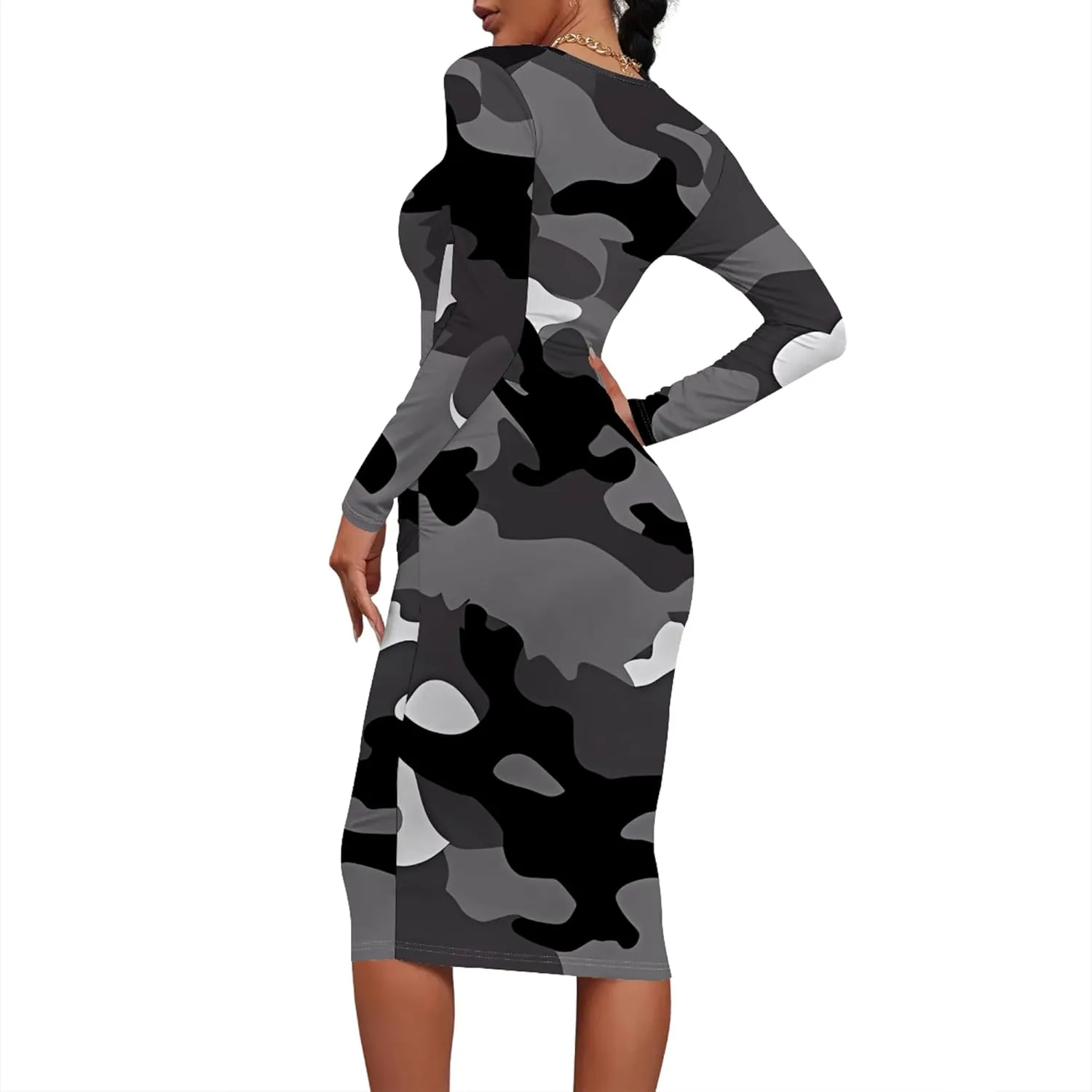Plus Size Fall Midi Bodycon Dress for Curvy Women Round Neck Long Sleeve Knee Length Casual Dress Party Club Work Dress
