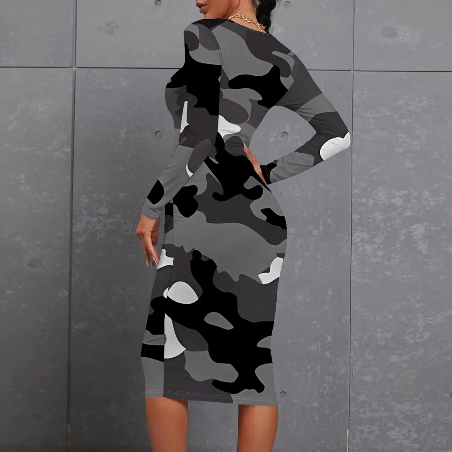 Plus Size Fall Midi Bodycon Dress for Curvy Women Round Neck Long Sleeve Knee Length Casual Dress Party Club Work Dress