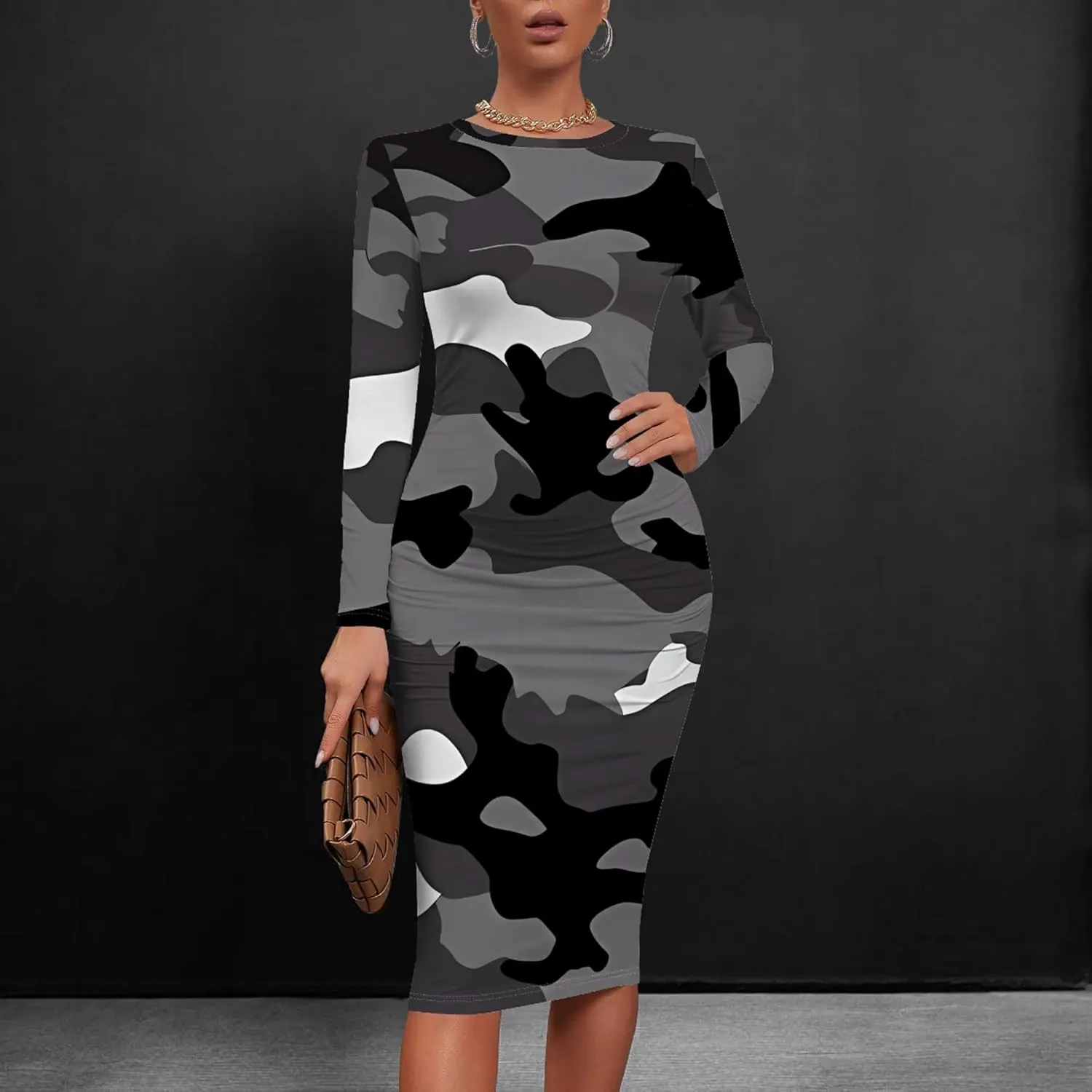 Plus Size Fall Midi Bodycon Dress for Curvy Women Round Neck Long Sleeve Knee Length Casual Dress Party Club Work Dress