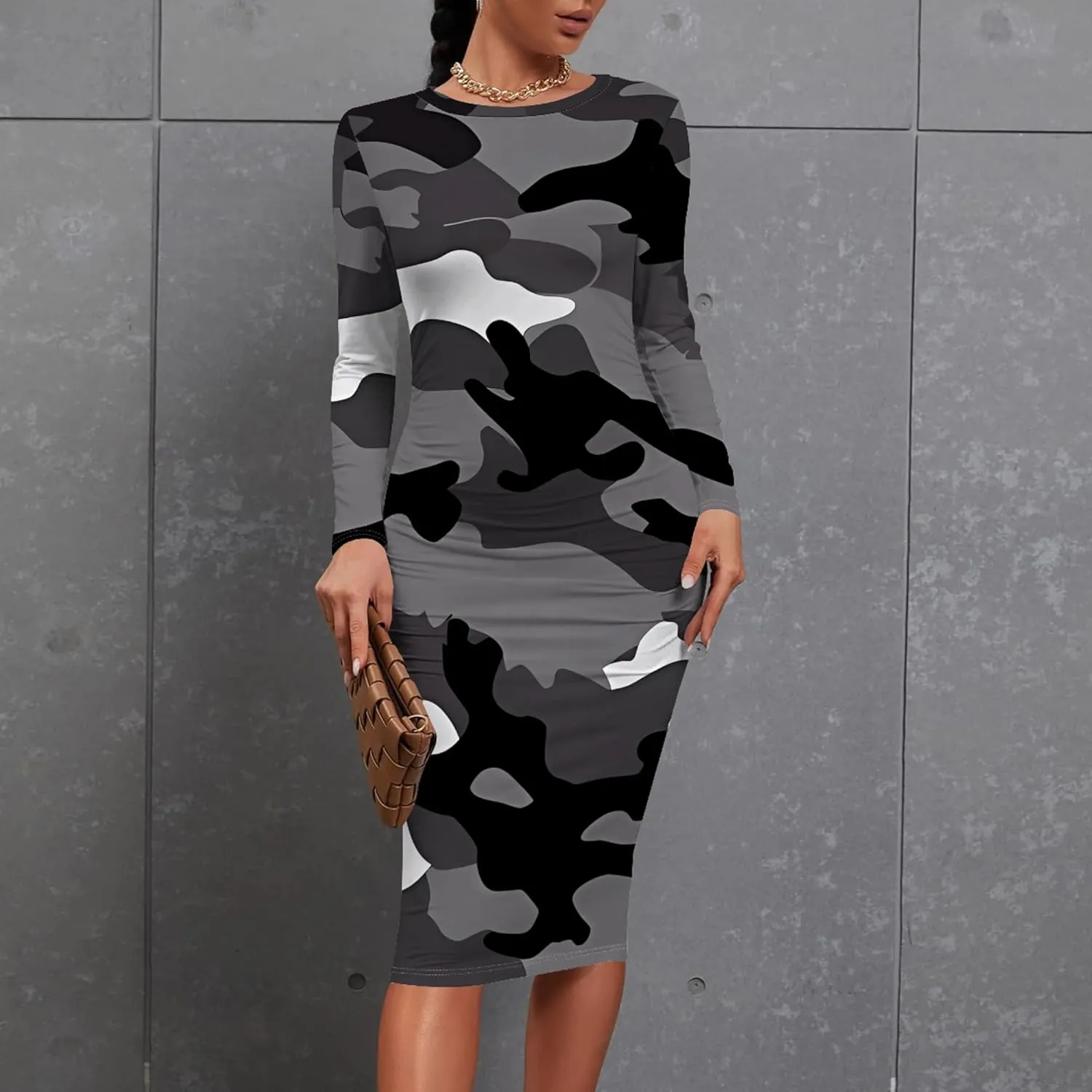 Plus Size Fall Midi Bodycon Dress for Curvy Women Round Neck Long Sleeve Knee Length Casual Dress Party Club Work Dress