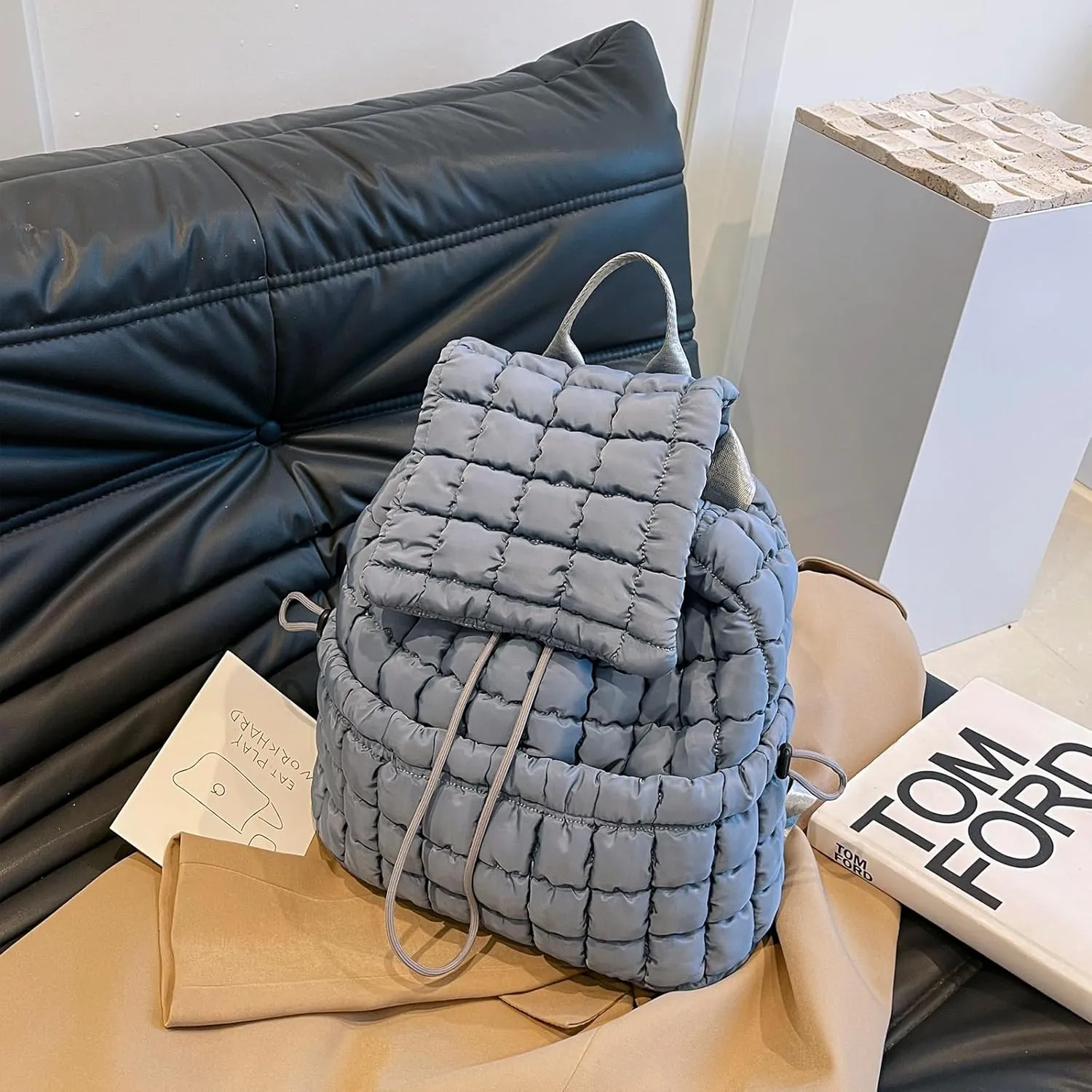 Quilted Backpack for Women, Trendy Puffer Backpack Drawstring Backpack Purse Quilted Puffy Backpacks, Gray, One Size