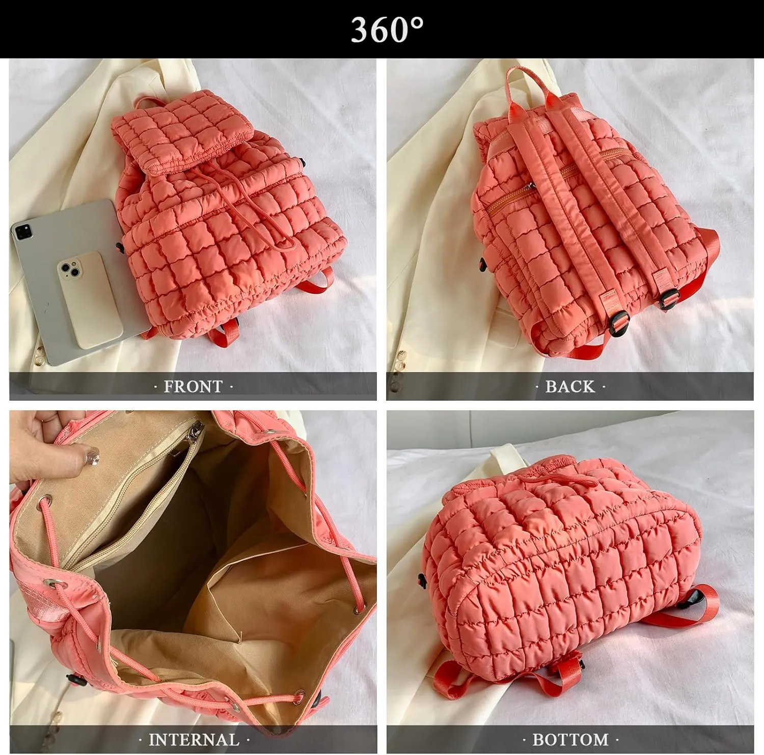Quilted Backpack for Women, Trendy Puffer Backpack Drawstring Backpack Purse Quilted Puffy Backpacks, Gray, One Size