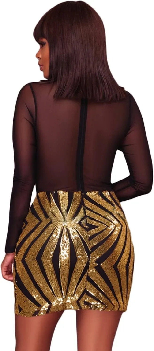RED DOT BOUTIQUE - 807 - Black Sheer Mesh Long Sleeves Club Sequins Dress Plus Size