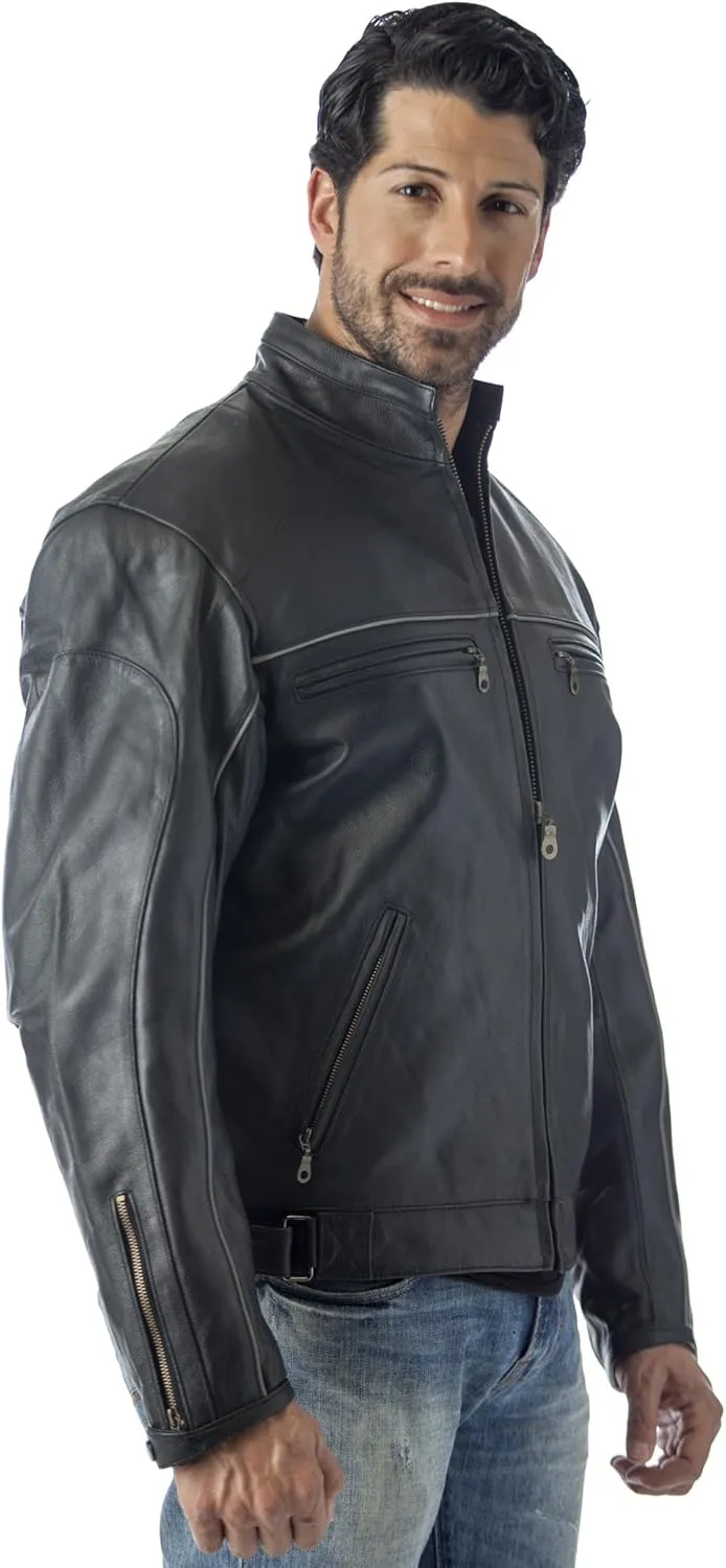 REED Mens Vented Leather Motorcycle Jacket with Light Reflector