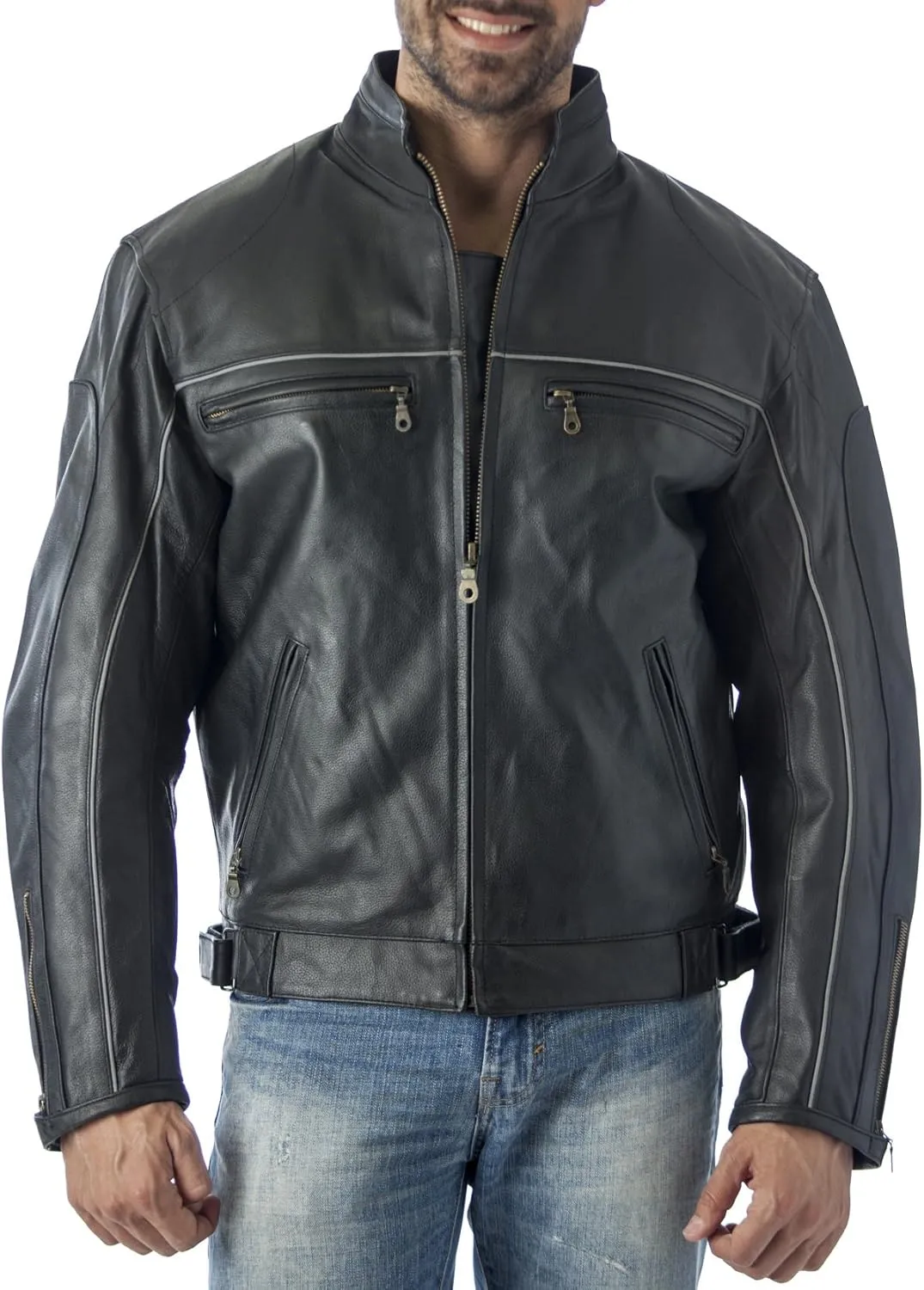 REED Mens Vented Leather Motorcycle Jacket with Light Reflector