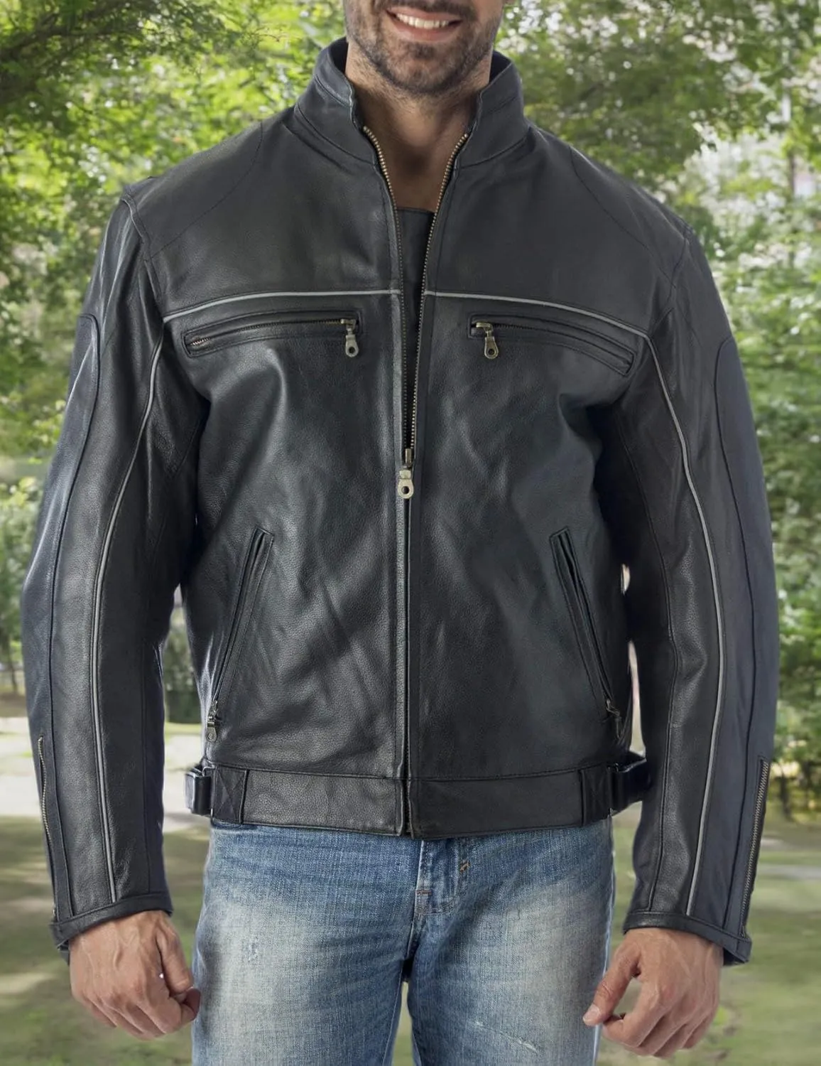REED Mens Vented Leather Motorcycle Jacket with Light Reflector