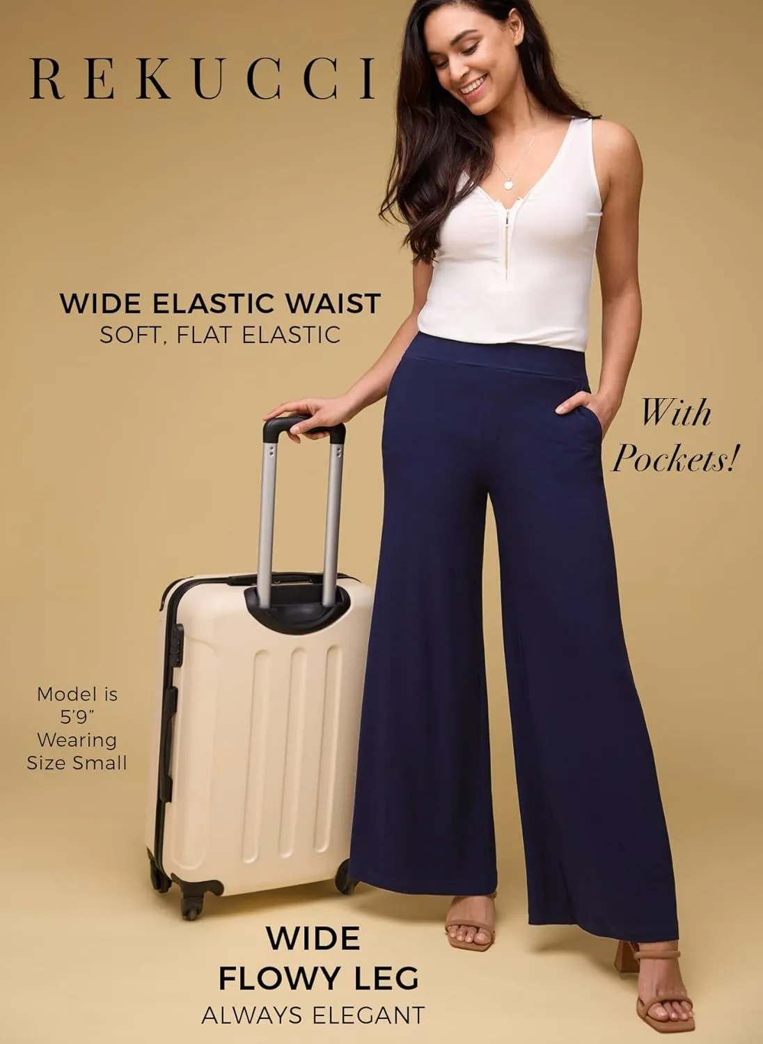REKUCCI Travel in Style Women's Stretchy Elegant Palazzo Wide Leg Pant