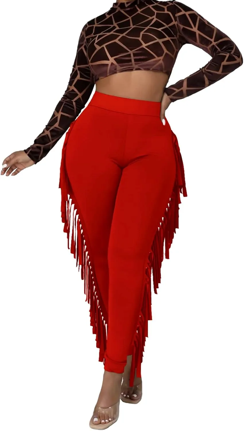 Rimhold Women's Fringe High Waist Solid Bodycon Side Tassel Pants Yoga Sweatpants Bandage Pants