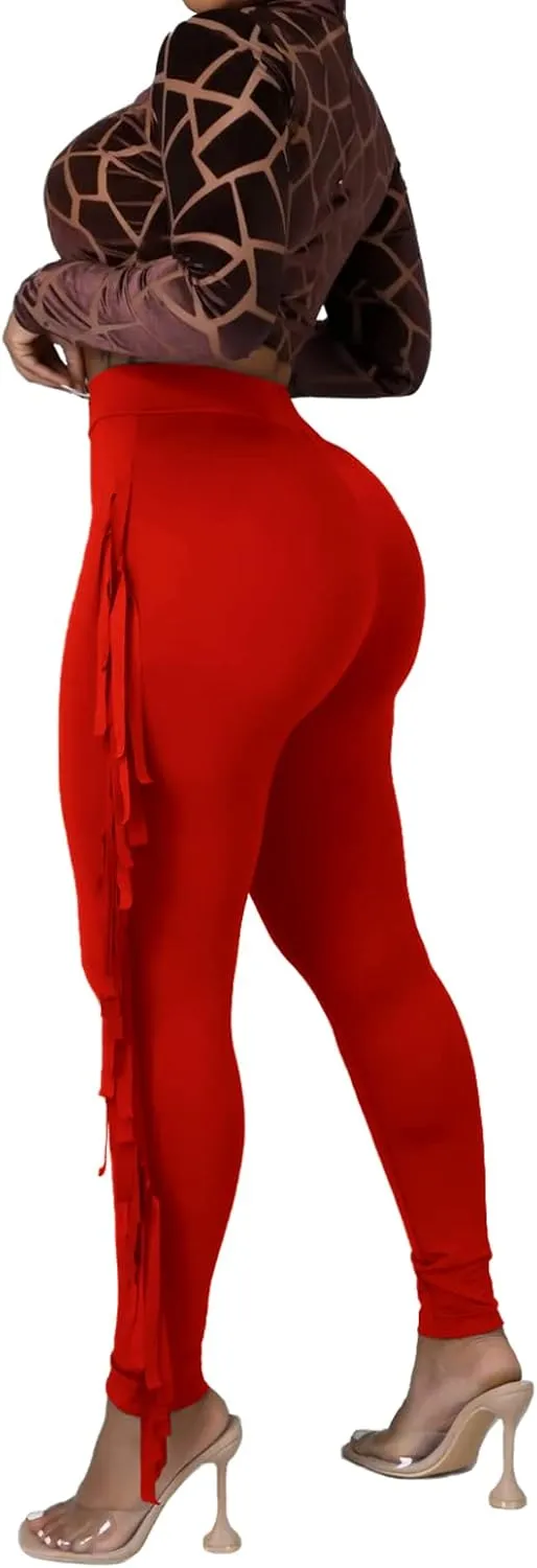 Rimhold Women's Fringe High Waist Solid Bodycon Side Tassel Pants Yoga Sweatpants Bandage Pants
