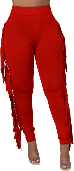 Rimhold Women's Fringe High Waist Solid Bodycon Side Tassel Pants Yoga Sweatpants Bandage Pants