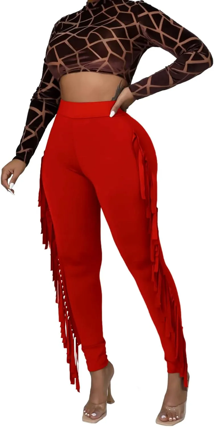 Rimhold Women's Fringe High Waist Solid Bodycon Side Tassel Pants Yoga Sweatpants Bandage Pants