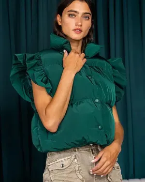 Ruffle Sleeve Down Cropped Vest - Hunter Green