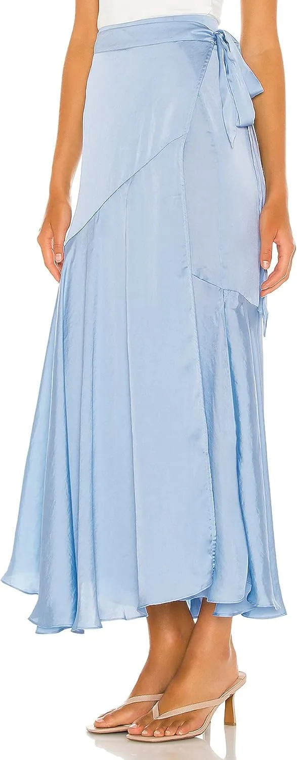 R.Vivimos Women's Satin Skirt High Waist Split Side Sexy Party Wrap Tie Waist Flowy Maxi Skirt