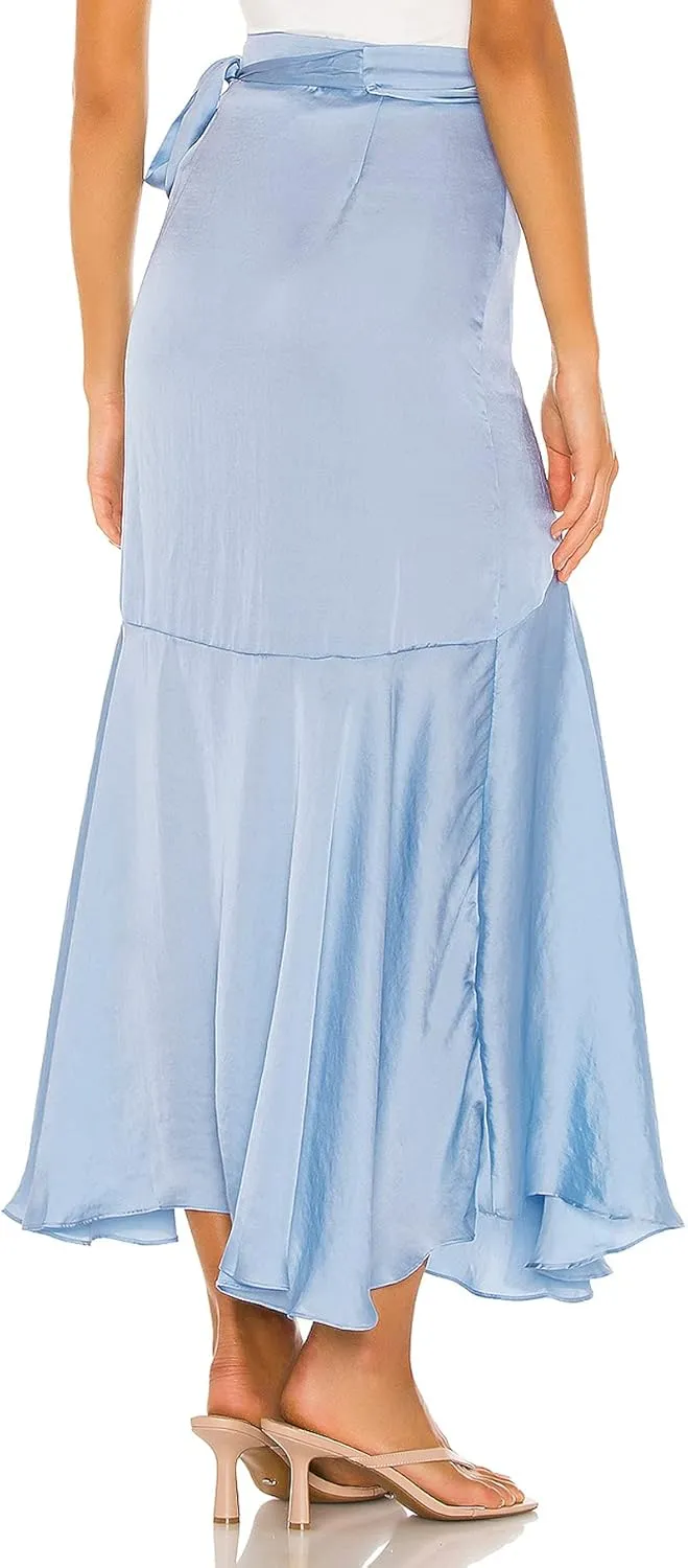 R.Vivimos Women's Satin Skirt High Waist Split Side Sexy Party Wrap Tie Waist Flowy Maxi Skirt