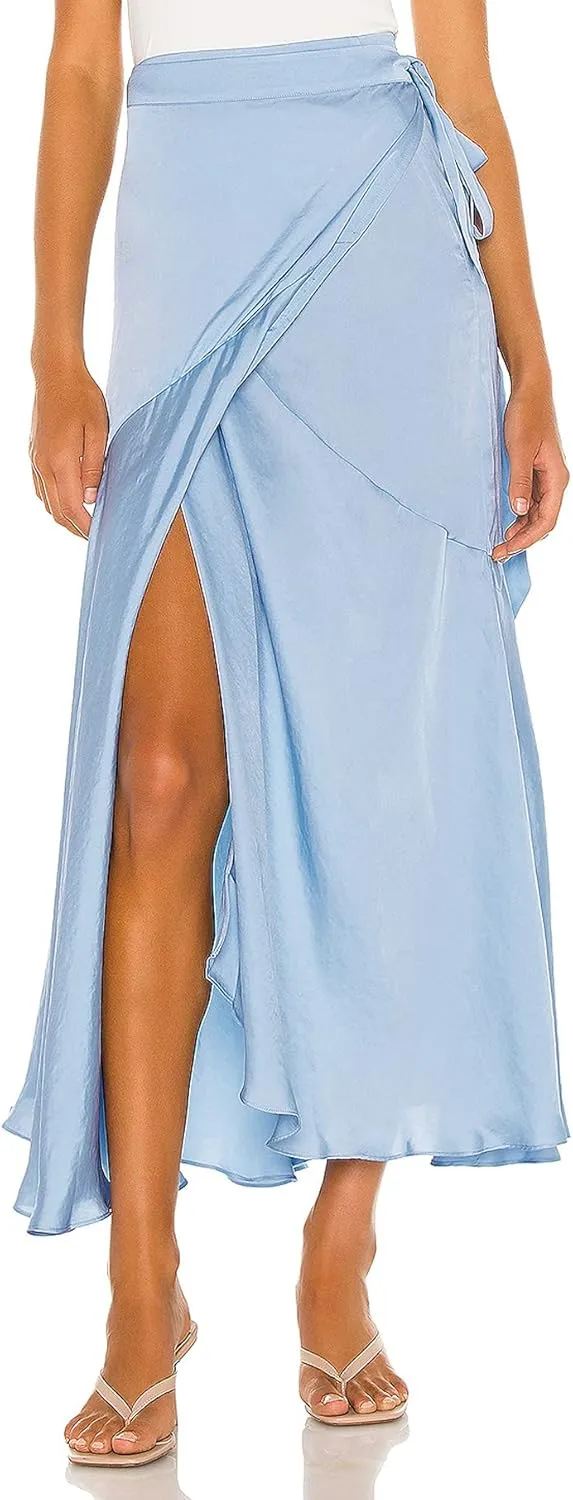 R.Vivimos Women's Satin Skirt High Waist Split Side Sexy Party Wrap Tie Waist Flowy Maxi Skirt