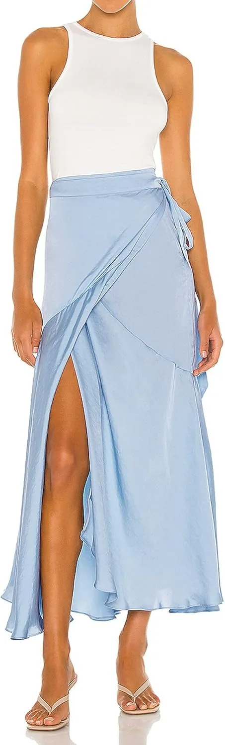 R.Vivimos Women's Satin Skirt High Waist Split Side Sexy Party Wrap Tie Waist Flowy Maxi Skirt