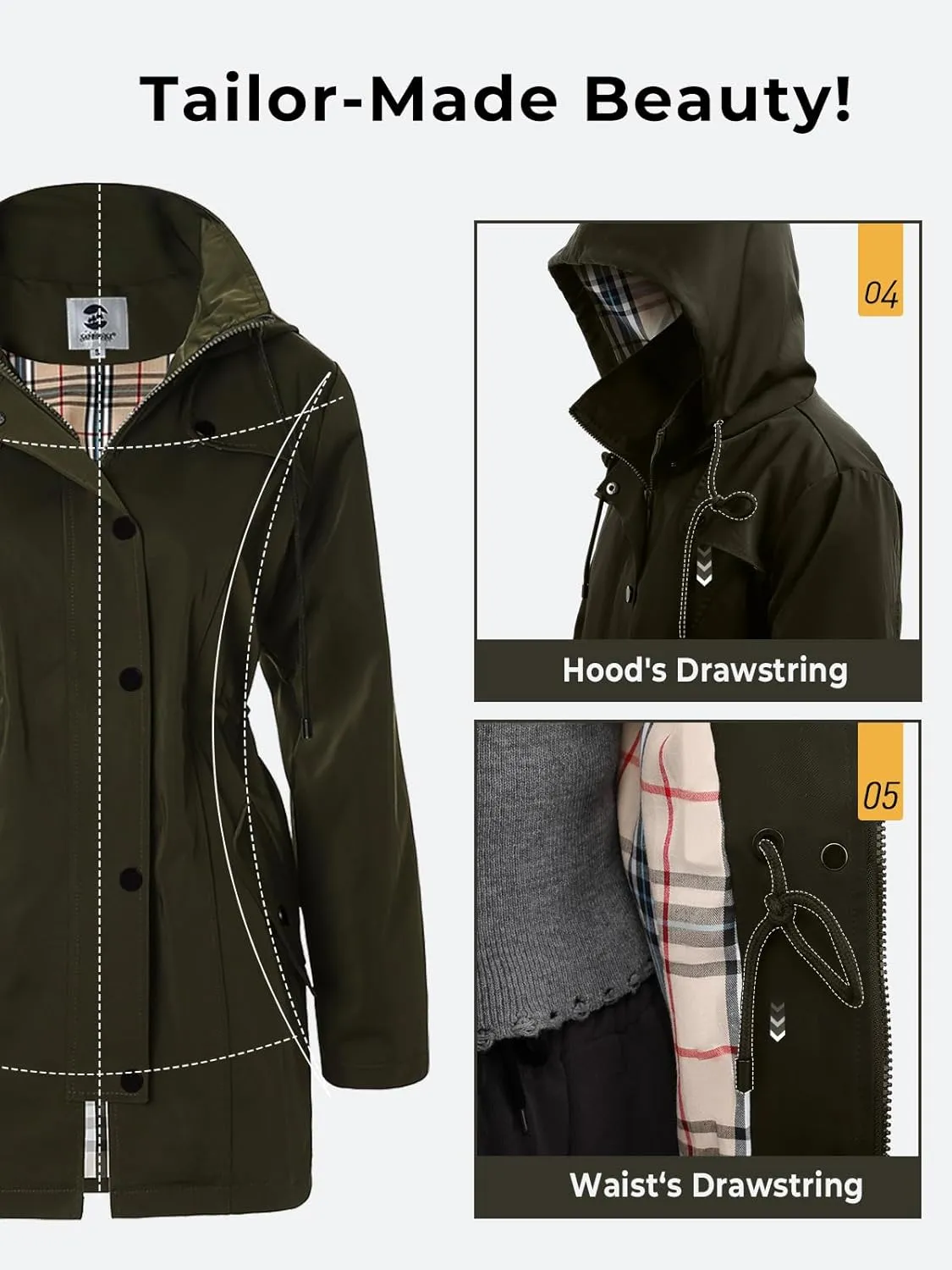 SaphiRose Women's Long Hooded Rain Jacket Outdoor Raincoat Windbreaker