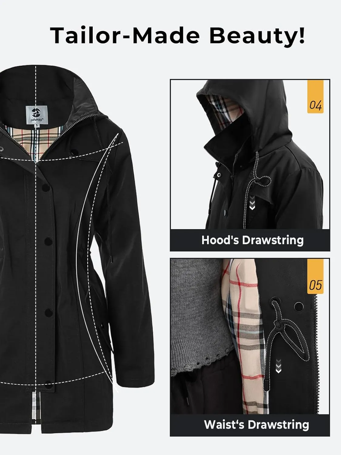 SaphiRose Women's Long Hooded Rain Jacket Outdoor Raincoat Windbreaker