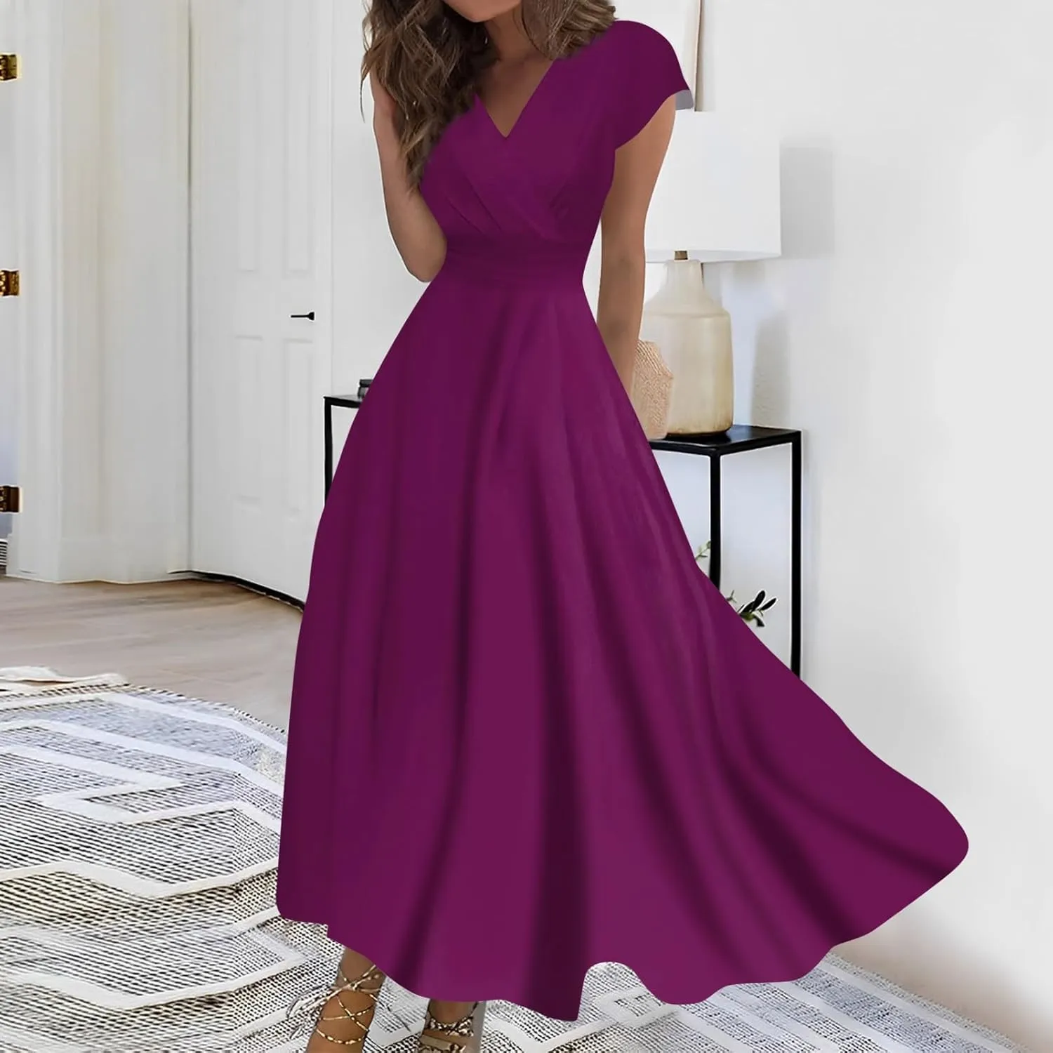 Segaven Sundresses for Women Cap Sleeve Floral Print Sundresses Elegant Wrap V Neck Long Dresses Flowy Trendy Maxi Dress