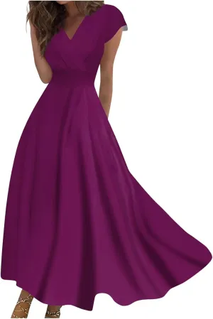 Segaven Sundresses for Women Cap Sleeve Floral Print Sundresses Elegant Wrap V Neck Long Dresses Flowy Trendy Maxi Dress