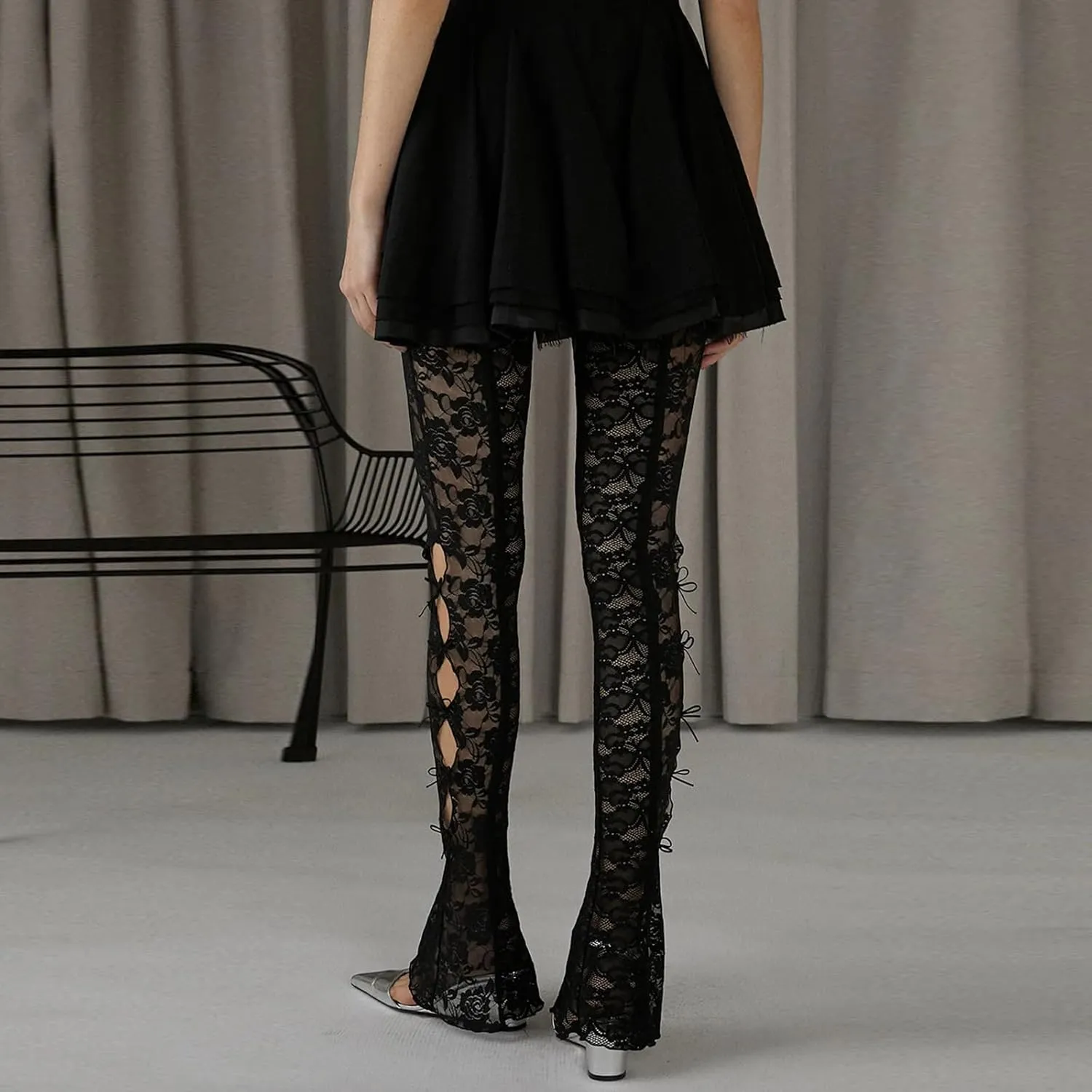 Sexy Women Y2K Lace Flare Pants High Waist See-Through Sheer Mesh Leggings Coquette Wide Leg Bell-Bottom Trousers