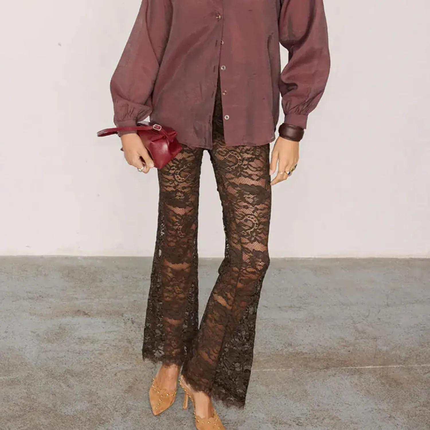 Sexy Women Y2K Lace Flare Pants High Waist See-Through Sheer Mesh Leggings Coquette Wide Leg Bell-Bottom Trousers
