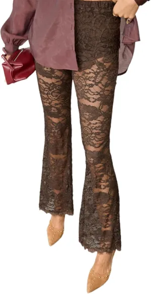 Sexy Women Y2K Lace Flare Pants High Waist See-Through Sheer Mesh Leggings Coquette Wide Leg Bell-Bottom Trousers