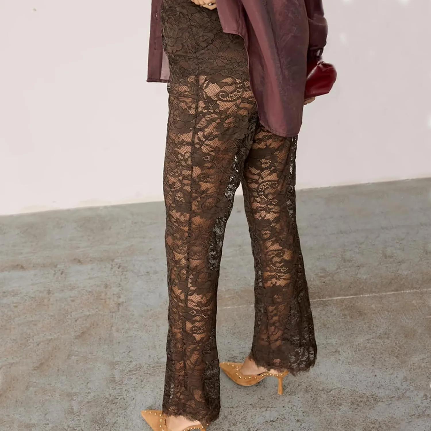 Sexy Women Y2K Lace Flare Pants High Waist See-Through Sheer Mesh Leggings Coquette Wide Leg Bell-Bottom Trousers