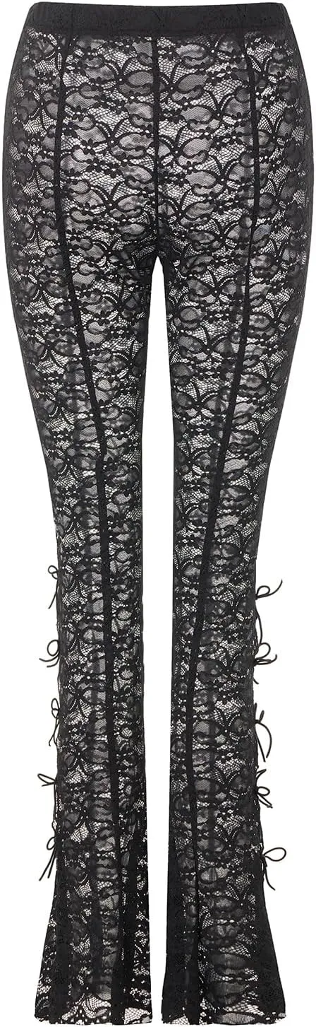Sexy Women Y2K Lace Flare Pants High Waist See-Through Sheer Mesh Leggings Coquette Wide Leg Bell-Bottom Trousers