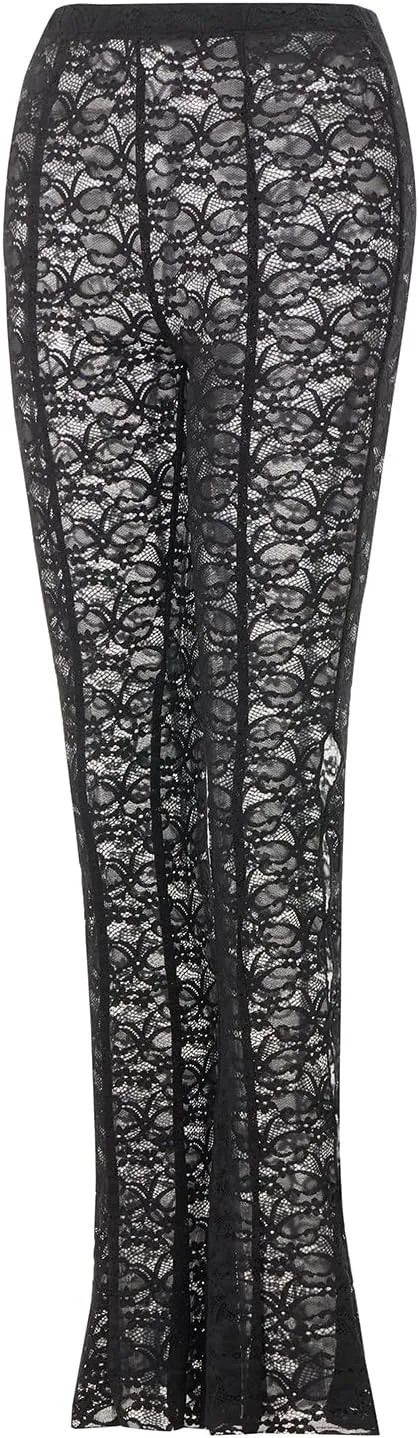 Sexy Women Y2K Lace Flare Pants High Waist See-Through Sheer Mesh Leggings Coquette Wide Leg Bell-Bottom Trousers