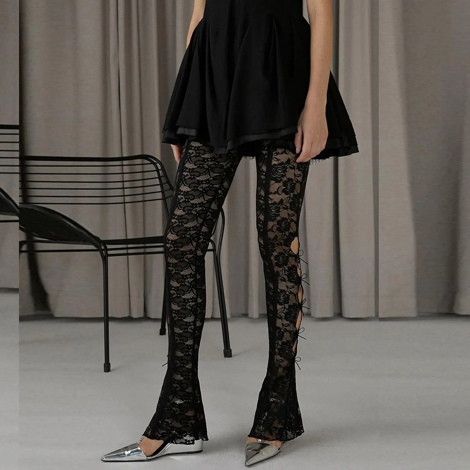 Sexy Women Y2K Lace Flare Pants High Waist See-Through Sheer Mesh Leggings Coquette Wide Leg Bell-Bottom Trousers