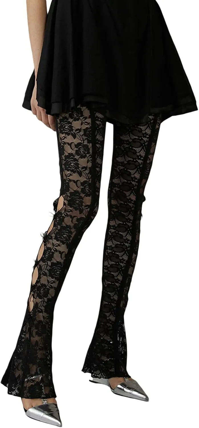 Sexy Women Y2K Lace Flare Pants High Waist See-Through Sheer Mesh Leggings Coquette Wide Leg Bell-Bottom Trousers